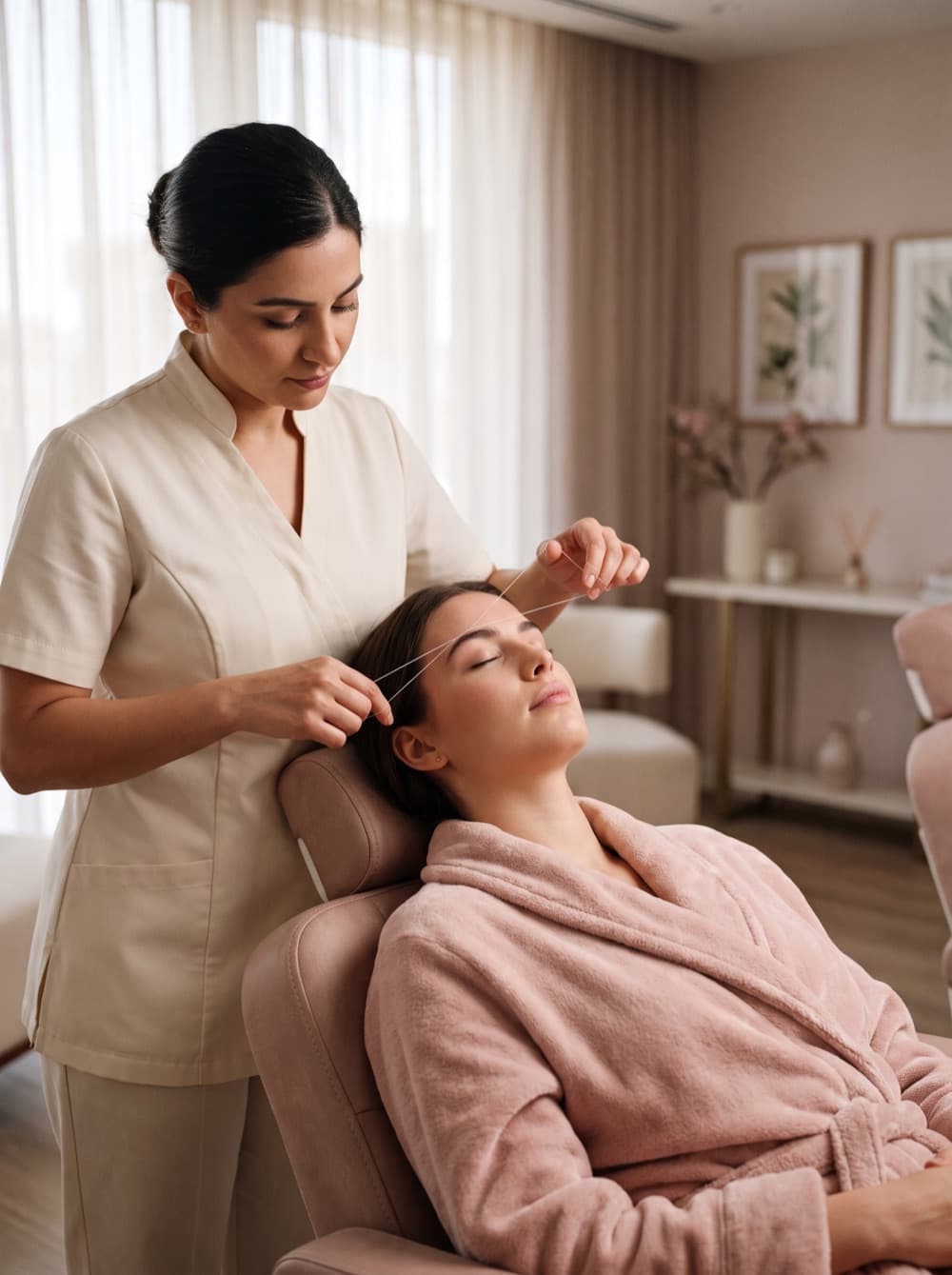 An esthetician performing precise eyebrow threading in a luxury salon