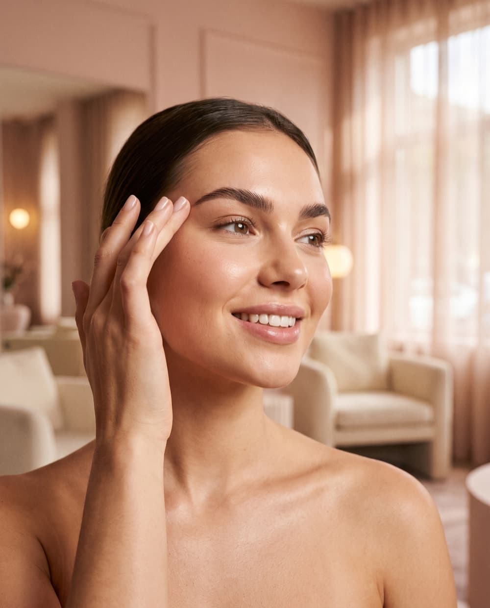 A happy client admiring her freshly threaded, perfectly shaped brows
